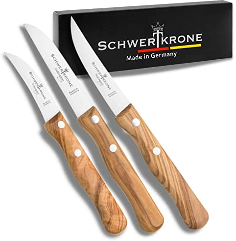 SCHWERTKRONE® Schälmesser 3er Set Premium [MADE IN SOLINGEN - GERMANY] - Gemüsemesser Obstmesser - Küchenmesser klein scharf - Schneidemesser Kartoffelschälmesser - Allzweckmesser (3xOliven-Holzgriff)