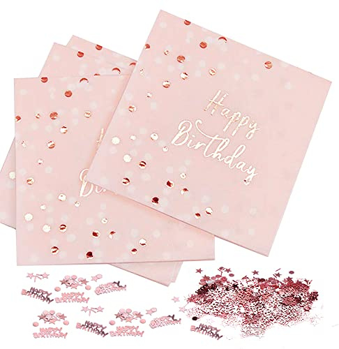 32 Stück Servietten Geburtstag Rosegold, Happy Birthday Servietten Rosa, Geburtstagsservietten Rosegold 33x33cm Servietten Geburtstag für Frau Mädchen Geburtstag Party Deko