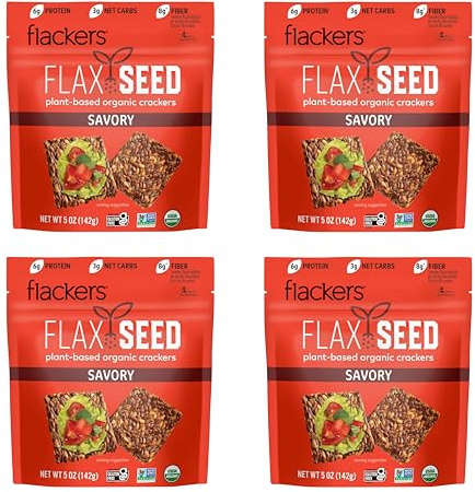Flackers Organic Savory Flax Seed Crackers, Gluten Free, High Fiber, Low Net Carbs, Plant Protein, Non GMO, Vegan, Keto Snack, 5 Ounce 4-Pack