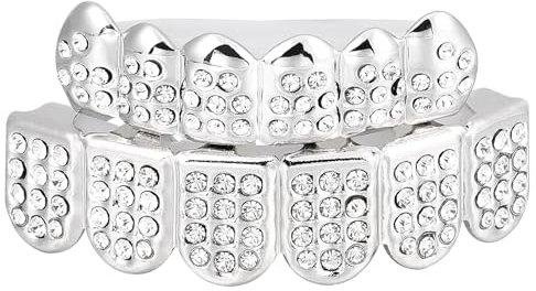 HEALLILY Teeth Grills Set Silver Plated Teeth Grillz Rhinestone Teeth Hip Hop Caps Lower and Upper Tooth Teeth Brace