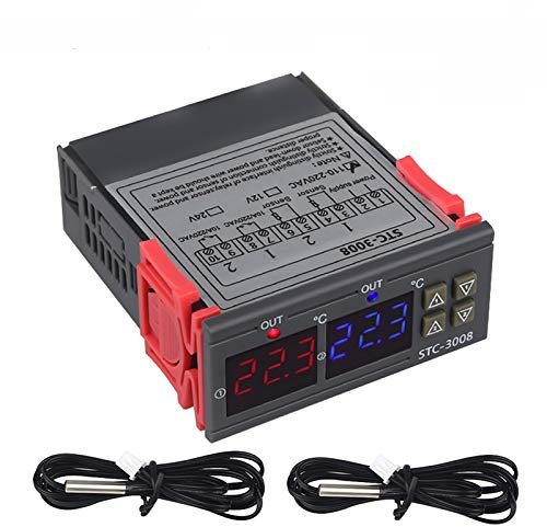 STC-3008 Dual Digitaler Temperaturregler Thermostat mit Doppelter NTC-Sondensonde Kühler Heizung für Verschiedene Kühlraum Gewächshaus Aquarium