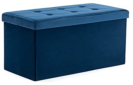 HNNHOME Samt-Bettbank, Sitzbank, Ottomane, Spielzeugtruhe mit Deckel, zusammenklappbare Aufbewahrungstruhe, für Wohnzimmer, Schlafzimmer, 82 x 40 x 40 cm , Marineblau, Groß