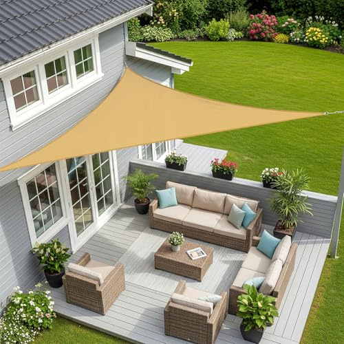 Sunnylaxx 5x5x7m Sabbia Tenda a Vela Triangolare Vela Ombreggiante, Impermeabile Vele Parasole Protezione UV per Esterno, Giardino e Terrazza, Piscina