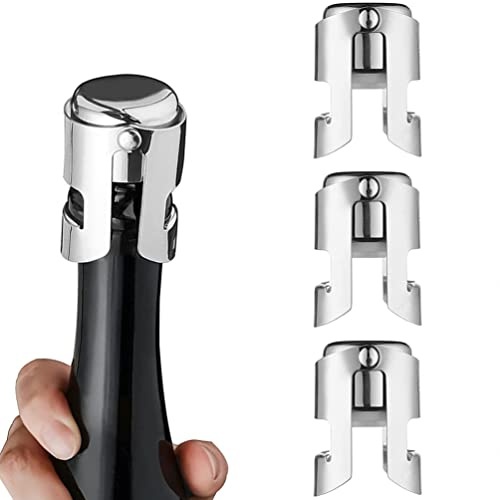 iDopick 3 Pack Champagne Stoppers with Stainless Steel Bottle Sealer with Food Grade Silicone Leak Proof Sealer Stopper Keep Fresh Suitable for Champagne, Cava, Prosecco and Sparkling(Silver)