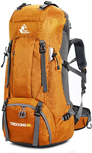 Bseash 60L Wasserdichter leichter Wanderrucksack mit Regenschutz, Outdoor Sport Tagesrucksack Multifunktions Reisetasche für Klettern Camping Reisen (Gold)