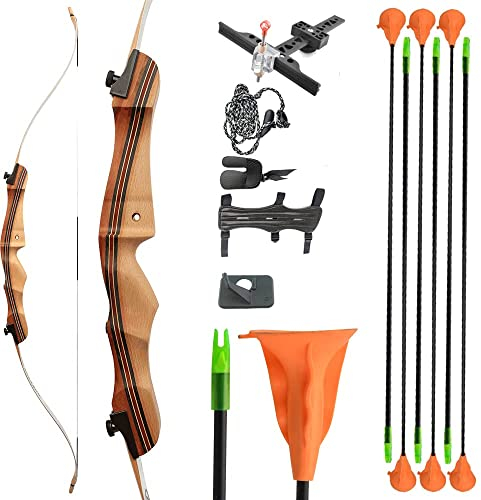 SHARROW 12-20lbs Bogenschießen Recurve Set Teenager 48 54 Bogen Pfeil Set Jugend Trainingbogen Holz Riser mit 6 Stück sicheren Saugnapf Pfeilen für Geburtstags Geschenk(48 10LBS, Bogenset)