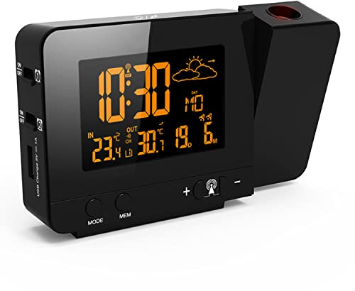 UIBAO Sveglia con Proiettore,Sveglia Digitale Sveglia Luminosa,Orologio Digitale da Comodino Oorologio Soffitto con Dimmer Snooze modalità Weekend Grandi Numeri Temperatura Data Porta USB