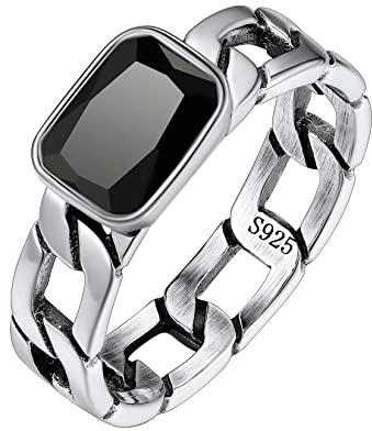 Silvora Anello Unisex con Smeraldo Pietra Nera Rettangolare Taglio Diamantato Catena Cubana Anello Vintage da Donna Uomo in Argento Sterling S925 Regalo per Lei Compleanno Coppie