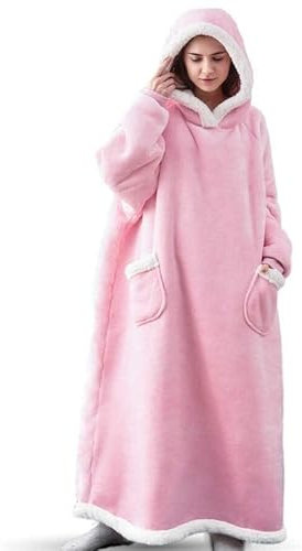 KIMKCY Kuscheldecke Mit Kapuze Ausgedehnte Tasche Wearable Flanell Decke Verdickte Wärme -Couch -Tv -Decke Für Frauen Und Herren-Light Pink,L