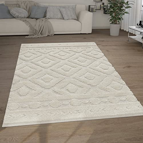 Paco Home Hochflor Teppich Wohnzimmer Shaggy 3D Optik Ethno Boho Vintage Look Weich, Grösse:120x160 cm, Farbe:Creme 8