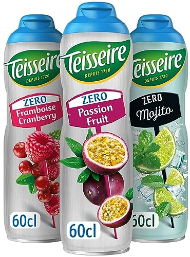 Teisseire Zero Sucres Sirup (Passionsfrucht, Himbeer-Cranberry, Mojito) für Erfrischungsgetränke, Cocktails, recycelbare Kanister, 3 x 60 cl