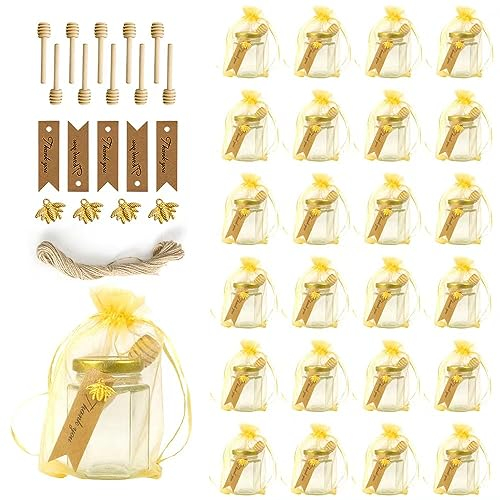 Rormket Sechseckige Honiggläser aus Glas, goldene Deckel, extra hölzerne Honiglöffel, Etikettenschnur, goldene Geschenktüten, quadratisches Kraftpapier, Marmelade, Hochzeitsgeschenke, Babynahrung,