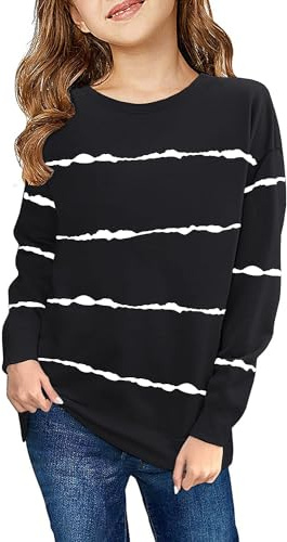 Haloumoning Sweatshirt flickor ränder rund hals barn pullover casual långärmade toppar, svart, 6-7 År