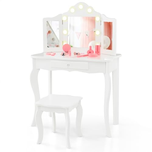 RELAX4LIFE Toeletta Trucco per Bambina con 9 Lampadine LED, 3 Colori di Luci, Specchiera Trucco con Sgabello, Toeletta in Legno, Specchio Rimovibile, per Bambini 3+ Anni (Bianco, L)