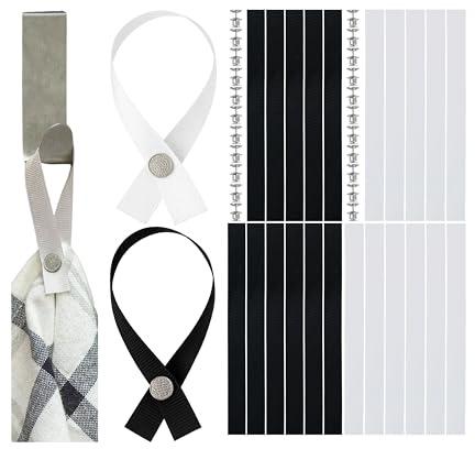Nähfrei-Aufhänger für Textilien, 24 Pack, 180 x 12 mm Schlaufen, in Weiß und Schwarz, mit Pin-Knopfverschluss, Aufhänger Schlaufen für Geschirrhandtuch, Bad Handtuch, Lappen, Deko, Camping Zubehör