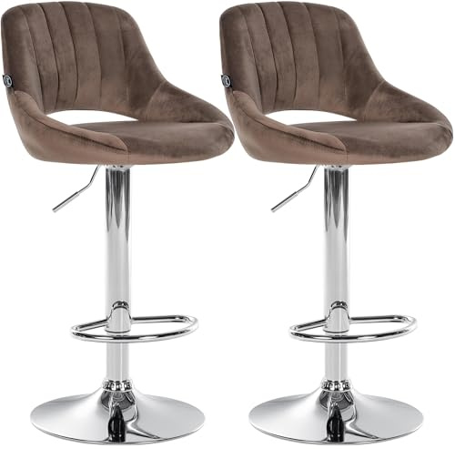 CLP Barhocker 2er Set höhenverstellbar mit Lehne Milet, Barstühle gepolstert Samtbezug, Tresenstühle mit Metallgestell drehbar | Farbe braun Material Gestell Metall in Chromoptik