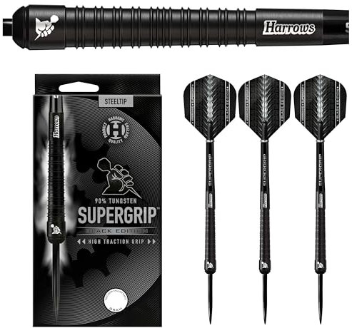 Harrows SUPERGRIP Black Edition Dartset mit 90% Wolframstahlspitze. Erhältlich in 21 g, 22 g, 23 g, 24 g, 25 g, 26 g, 28 g und 30 g – inklusive Supergrip-Schäften und Supergrip-Flights (28 Grams)