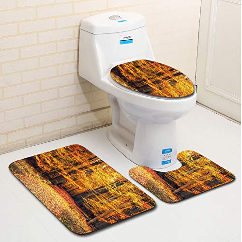 Bad Teppiche Set 3-Teiliges Baum Orange Gelb WC Vorleger Mit Ausschnitt Badematte Saugfähig WC Deckelbezug Badvorleger rutschfest Waschbar Toilettensitzbezug Badgarnitur (50x80cm)