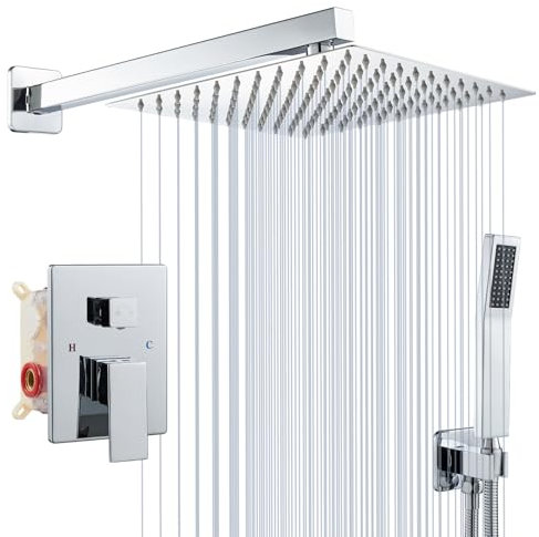 ROVOGO Concealed Shower System with 2-Way Diverter, 25 x 25 cm Overhead Rain Shower Head and Handheld Shower, All Metal Shower Mixer Tap Set Wall Mounted, Brass & Stainless Steel 304, Brushed