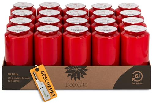 DecoLite 20 x Grabkerze 6 Tage rot/weiß – Friedhofskerze ohne Deckel & Etikett, 13,6x6,8cm, 30% Pflanzenöl, bleifreier Docht, ruhige Flamme, umweltfreundlich (rot)
