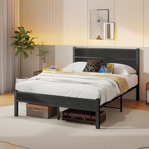 DUMEE Double Bed Frame with Wooden Headboard Footboard Storage,Black | Metal wooden bed frame 4ft6,under bed storage, no box spring needed, enhanced support noise free,for bedrooms, guest rooms