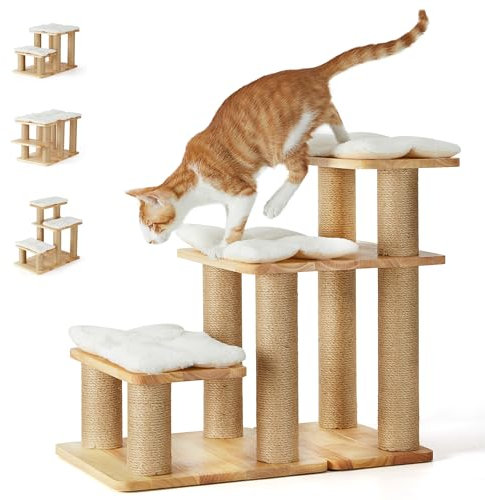 FUKUMARU Hundetreppe, 3 Stufen Haustiertreppe, Katzentreppe aus natürlichem Gummiholz und Jute，18-51cm einstellbare Höhe, Hält bis zu 90 kg，Plüschkissen waschbar, 6 Kombinationsmöglichkeiten