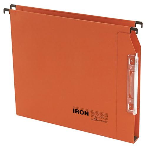 Iron Base® by Bertesi, Dossiers Suspendus pour Armoire - 33 cm, Porte-étiquette effet loupe intégré, fond U 15mm, boite de 25 pièces, couleur Orange, Code 064 M Beta 1 -A2