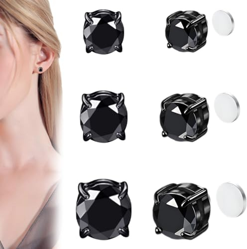 XOUDKE 3 pares pendientes magnéticos de acero inoxidable para mujer, hombre y niña, imán sin agujeros, clip sin perforación, circonio redondo, clavo, plateado y negro