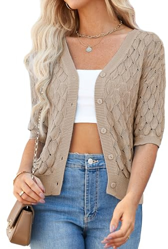 Grace Karin - Maglione da donna leggero a maniche corte, elegante cardigan corto, cachi, XXL