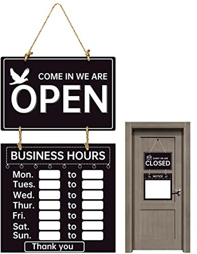 Cartel abierto y cerrado para puerta de negocios, 56 x 24,8 cm, para escribir, borrado en con horario de apertura, placa de horario comercial para colgar