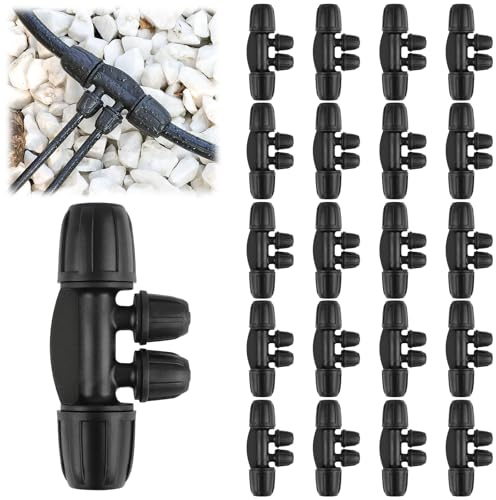Kalolary 20PCS 5/16 to 1/4 4-Way Locked Barbed Tee Connectors (Black) | Drip Irrigation Fittings Kit 8/12mm to 4/7mm Tube Lock Female Connector Barbed Lock Irrigation Parts for Watering System