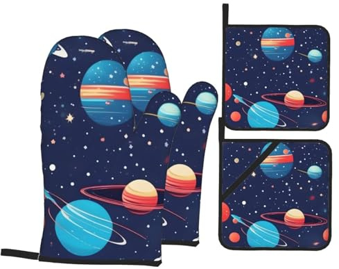 MJHKXLJ Universe Galaxy Outer Space Printing Oven Mitts and Pot Holders Sets for Kitchen Baking - Insulated, Thick, Durable, and Anti-Scalding