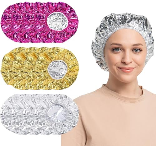 12 Pezzi Cuffia Termica per Capelli in Alluminio Cuffia Riscaldante per cura dei capelli Cuffia Doccia Riutilizzabile Impermeabile Cuffia da Bagno Elastica Cuffia Capelli Trattamenti