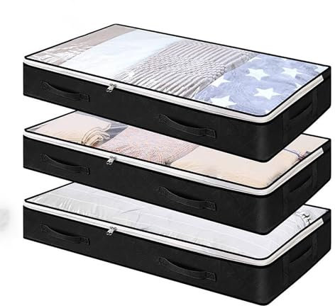 XPAPOV 3 cajones de almacenamiento para debajo de la cama con ventana, 90 L, plegable, almacenamiento de ropa, organizador de techo, contenedor de almacenamiento, 4 asas, 100 x 50 x 15 cm, color negro