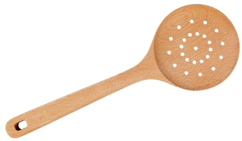 Espumadera de madera de haya 30 cm, ideal para escurrir, servir y cocinar sin rayar superficies antiadherentes.