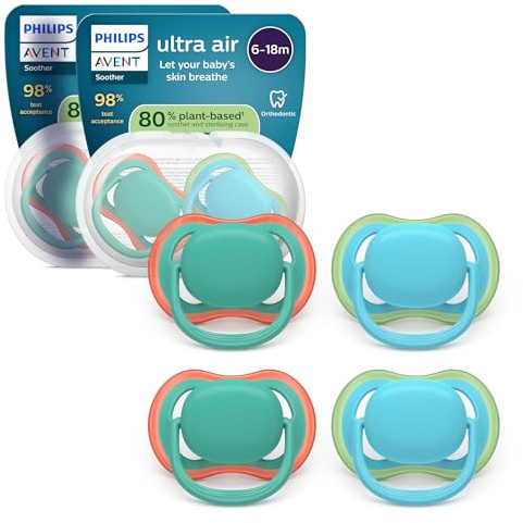 Philips Avent ultra air Schnuller – kiefergerecht geformtes Design, für Babys, 6–18 Monate, weicher, symmetrischer Silikonsauger, BPA-frei, 2 Sterilisationsbehälter, 4er-Pack, SCF087/24