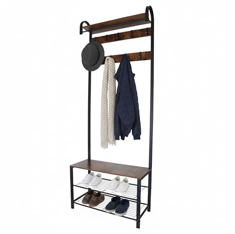 Relaxdays Appendiabiti, Panca con 2 Ripiani, 9 Ganci, ripiano per Cappelli, HLP 182 x 69 x 30 cm, Nero/Brown