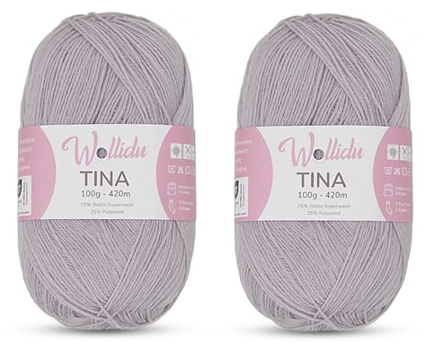 Wollidu Tina Strumpfwolle/Sockengarn 4-fädig 2er Set – 75% Wolle 25% Polyamid – 100g/420m – Nadelstärke 2–3 mm – uni Sockenwolle – Farbe Flieder