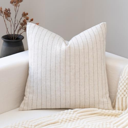 FIOUOVO Decorative Neutral Throw Pillow Covers 18x18 Farmhouse Pillow Covers Cotton Stripe Cushion Covers Home Decor for Sofa Couch Living Room Bedroom 1PC, Pinstripe
