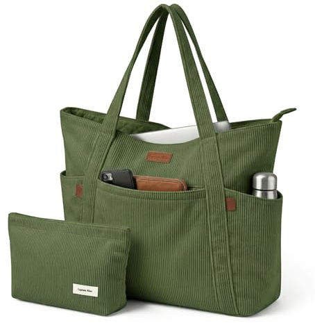 Captain Blues Tote Bag for Women with Zip, Large Capacity Work Bag with Compartments & Pockets, Soft Cotton Lining, for College, Teacher, Uni, School, Travel, Shopping (Green)