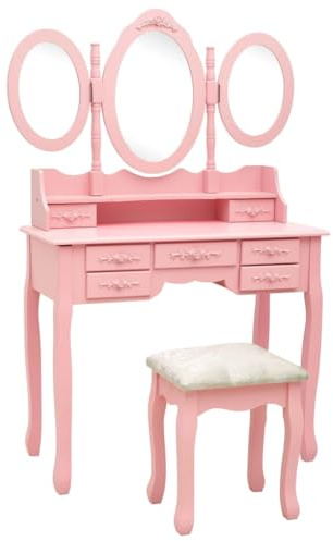 Toletta con Sgabello e Triplo Specchio in Legno di Paulownia, Postazione Trucco con 7 Cassetti, Toilette da Trucco Elegante, Vanity Desk for Makeup per Mobili Camera da Letto, Rosa, 90x40x146 cm