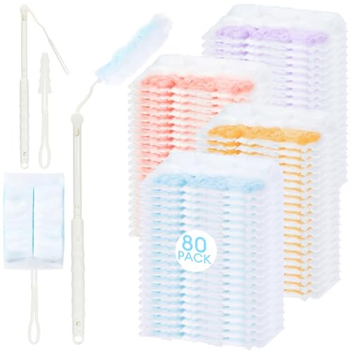 Lot de 80 Recharges Attrape-Poussière Compatibles avec Swiffer, Kit Plumeau avec Manche Télescopique et Poignée, Plumeaux Extra Résistants Contre Poils d’Animaux et Poussière – Multicolore