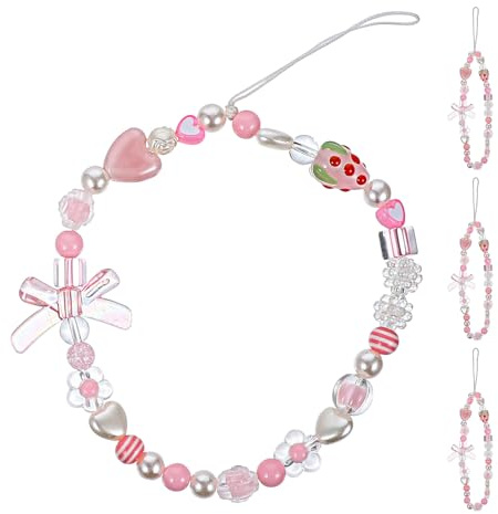 jojofuny 4 Piezas Correa para Teléfono Móvil Corta con Cuentas, Colgante con Diseño de Corazón y Fresa, Pulsera para Muñeca Compatible con Bolsos, Cámaras y Smartphones, Accesorio