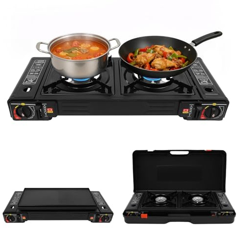 Sallurmose Hornillo de gas de 2 quemadores con maletín, hornillo portátil de camping para butano o gas, barbacoa de camping para interiores, excursiones de camping, picnics, 2500 W (con parrilla)