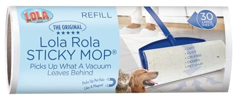 LOLA Rola Sticky Mop Refills, Giant Adhesive Roller, Traps Dirt, Dust & Hair, 30 Sheets, Pet Hair Remover, Floor & Carpet Cleaner, 1 Pack
