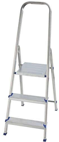 WERKA PRO, Escabeau en aluminium léger et pliable avec 3 marches anti-dérapantes, garde-corps de 60 cm, plateforme large pour une stabilité optimale, hauteur de plateau 57 cm, gris.