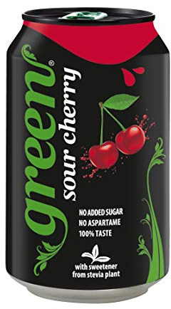 Green Sour Cherry - Low Calorie Soft Drinks - Sparkling Cherry Flavour with 10% Natural Juice - No Added Sugar, Sweetened with Stevia, No Aspartame - Alternative Fizzy Drink - Bulk Pack 24 Cansx330ml