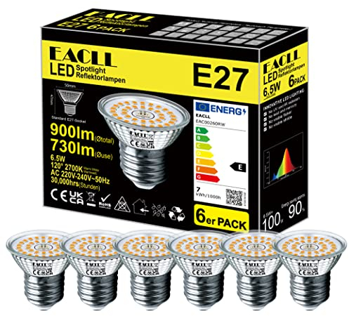 EACLL E27 LED Warmweiss 6.5W Ersetzt 100W Halogen Glühlampe, 6er-Pack. 730 Lumen 2700K Leuchtmittel, AC 230V Flimmerfrei Energiesparlampe, Lichtwinkel 120° Strahler Nicht Dimmbar Kürzer Reflektorlampe