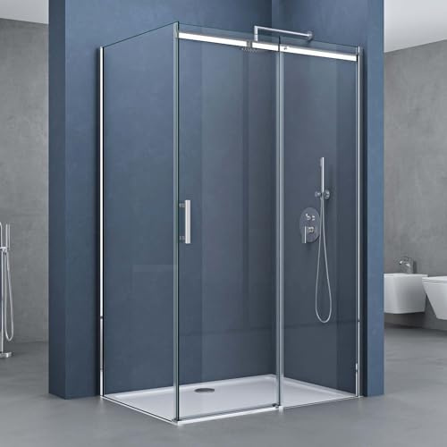 doporro Box Doccia Angolare 80x140x195 cm con Porta Scorrevole e Parete Fissa in Vetro Temperato Trasparente Anticalcare, Profilo Cromato, Piatto Doccia Incluso - Ravenna18k