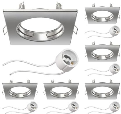 ledscom.de 6 Stück Deckeneinbaurahmen RIR Einbaurahmen chrom matt eckig (LED/Halogen/GU10/MR16/PAR16/50mm) inkl. GU10 Fassung